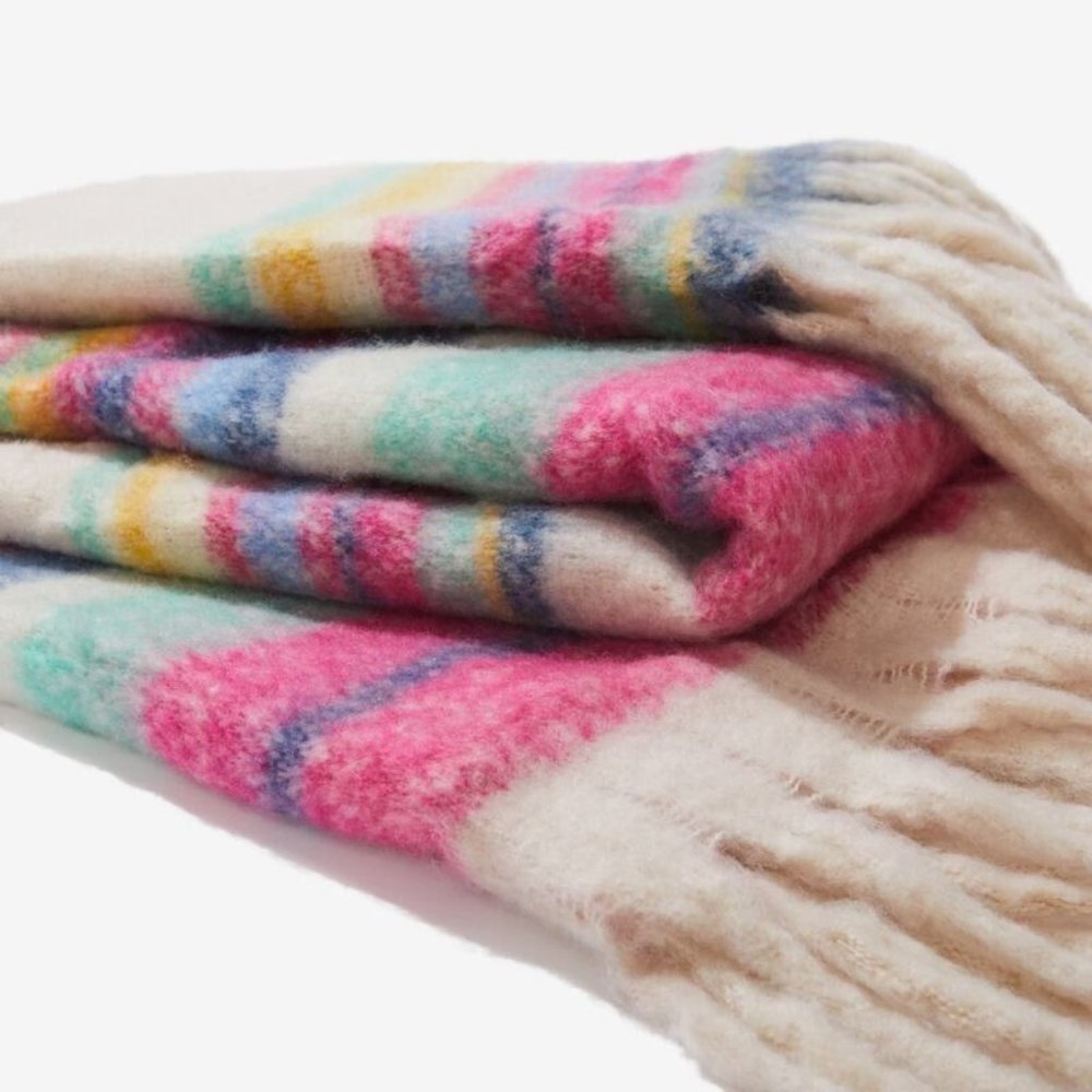 FREE PEOPLE Fringe Throw Blanket Skye Pink Blue White Stripes - Picture 1 of 8